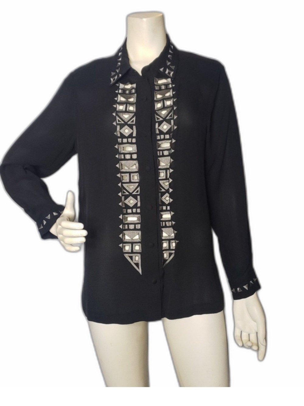 Bob Mackie Wearable Art SILK Black Button-Down Shirt with Silver Cutout Embellis
